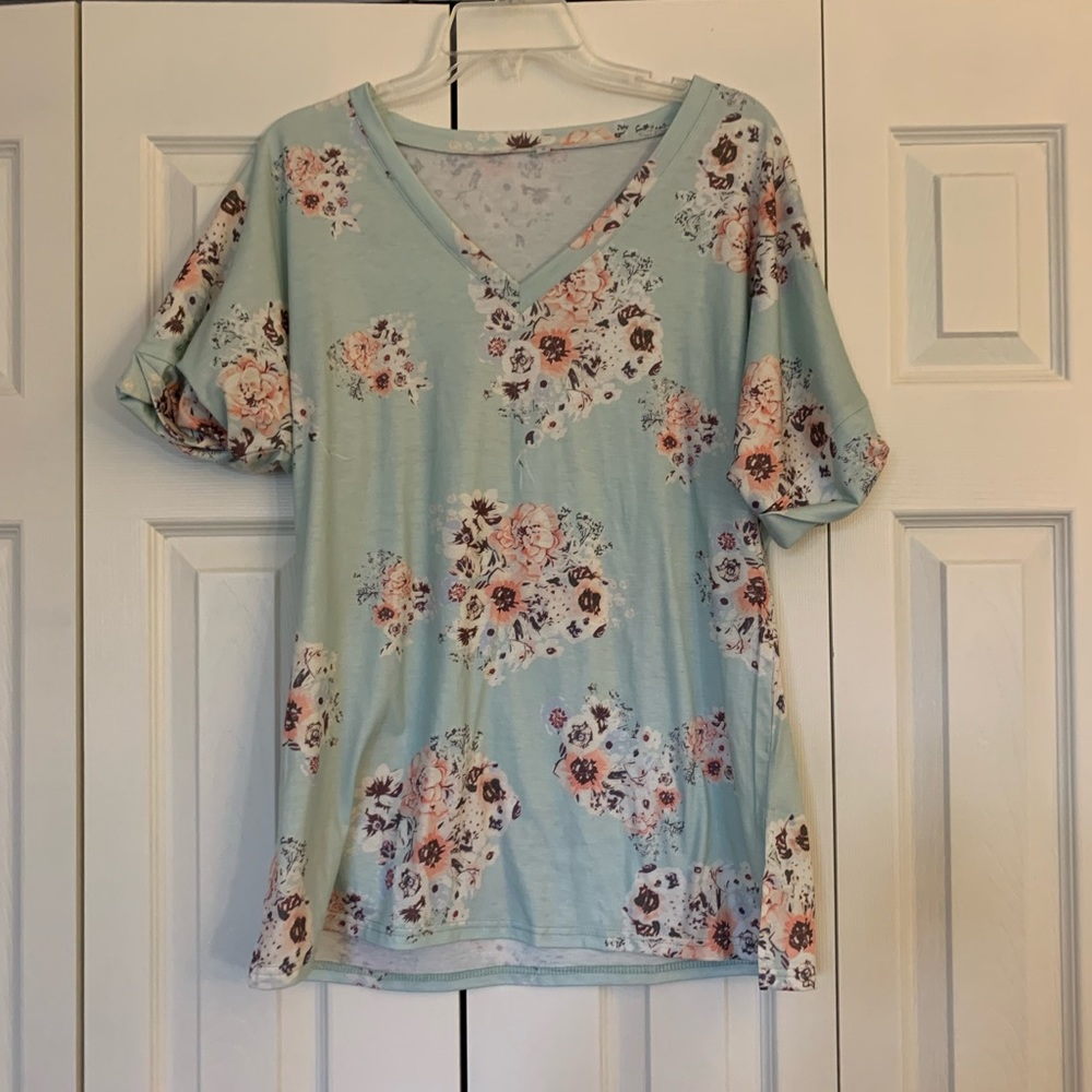 Mint Green VNeck Flower Tee